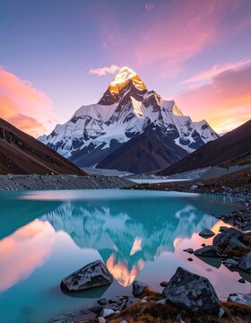 Majestic snow-capped mountain peak illuminated by golden sunrise, reflected in a serene turquoise lake.