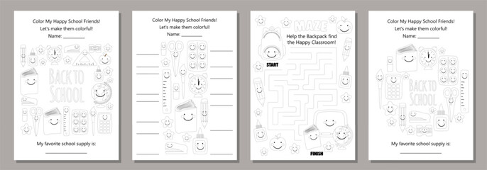 Fototapeta premium Set of Back to School Coloring Pages with Happy School Supplies and Classroom Objects