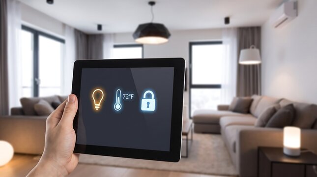 Smart home hub control panel held in hand inside modern living room with automation, technology