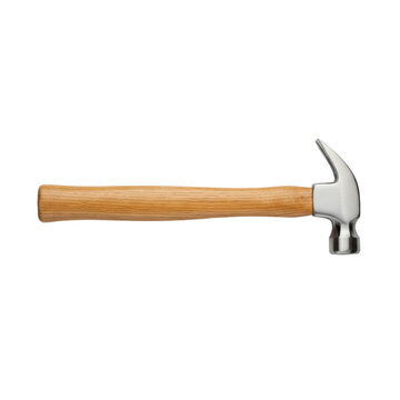 Classic ball-peen hammer with reflective steel head and natural hickory wood handle set against a transparent studio background, professional craftsmanship concept