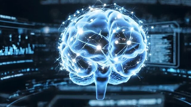 Blue neon brain hologram with interconnected neural nodes and data streams, representing AI, neuroscience, and digital analytics in a high-tech laboratory setting.