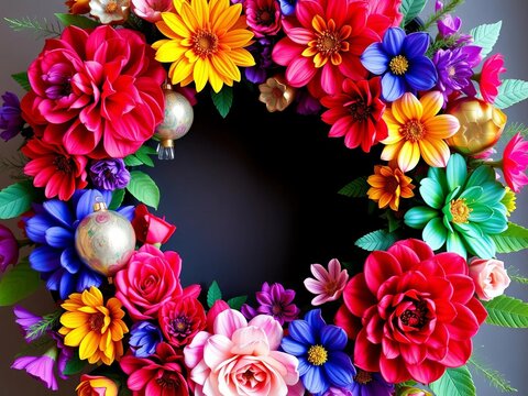Vibrant floral wreath adorned with fileteado ornaments, design, Argentina