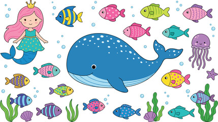 Cute underwater ocean life cartoon vector set featuring a blue whale, pretty pink haired mermaid princess, colorful tropical fish, and purple jellyfish elements. © Md