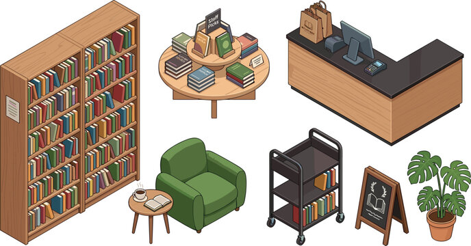 Isometric Bookstore Furniture and Equipment Set with Tall Wooden Bookshelf Round Display Table Cash Counter Book Cart and Reading Armchair