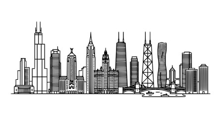 Chicago City Skyline Thin Line Vector Illustration on White Background © Md