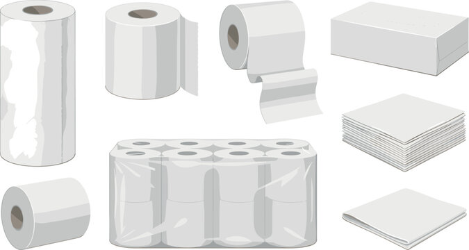 Paper Towel and Toilet Paper Icon Set with Napkin Stacks Facial Tissue Box and Bulk Wrapped Rolls Vector Illustrations for Hygiene Products Consumer Goods Packaging