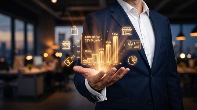 Businessman holding digital business hologram. Executive analyzing financial growth charts.