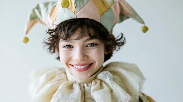Young child wearing jester costume in neutral studio portrait