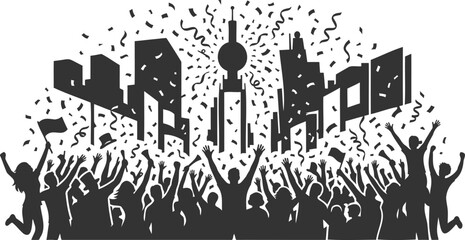 Crowd celebrating under falling confetti in city square silhouette © PIXAVIVE
