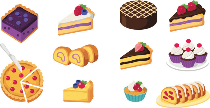 Assorted Bakery Desserts Collection with Cakes Swiss Roll Cheesecake Cupcakes and Fruit Pastries Flat Vector Illustration