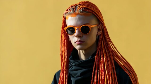 Person with orange braids wearing orange sunglasses on yellow wall