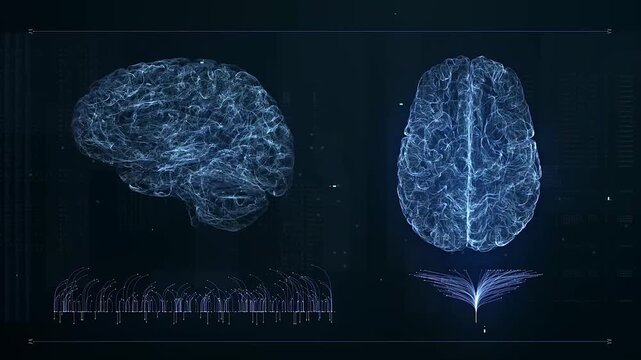 Digital 3D brain scan model with futuristic neural network data visualization for and medical research