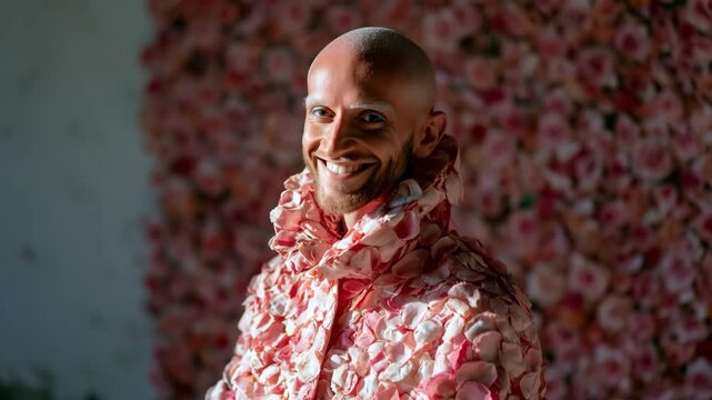Bald man wearing petal covered coat in floral studio