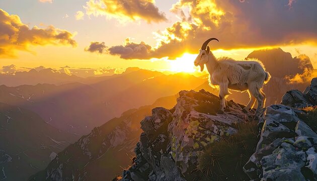 A majestic goat stands on a rocky precipice at sunset.
