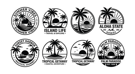 Tropical island silhouettes with palm trees and sun black vector illustration © Nayem