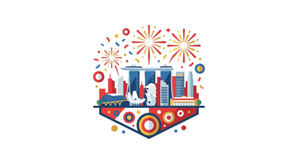 Naklejka premium Celebratory Fireworks Display Over City Skyline with Elegant Arch Frame and Decorative Banners