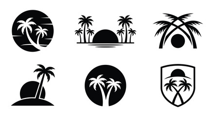 Tropical island silhouettes with palm trees and sun black vector illustration © Nayem