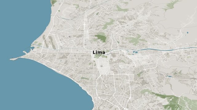 Zoom out on the map of Lima, the capital of Peru, with text. City map animation, documentary, and travel. 4k