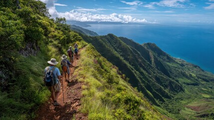 Obraz premium Hikers on Waihee Ridge Trail in Maui, Hawaii, with lush rainforest and ocean views