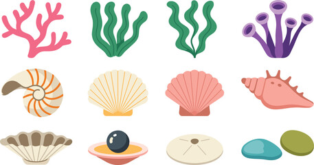 Underwater ocean life vector icon set featuring marine coral reefs, green seaweed, colorful seashells, nautilus shell, black pearl in open oyster, and sea glass © Md