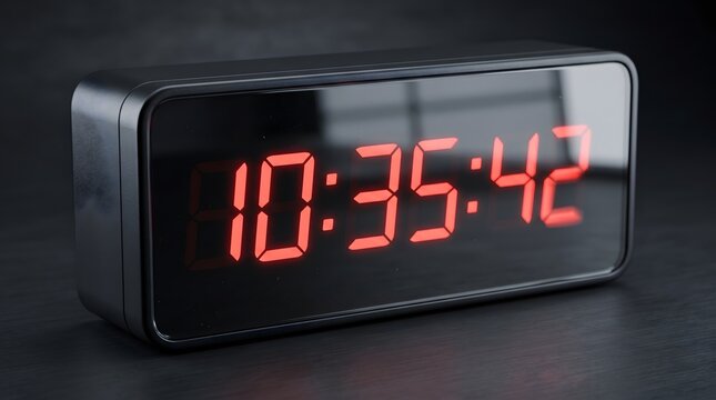 Red LED digital alarm clock on dark desk showing exact time in seconds.