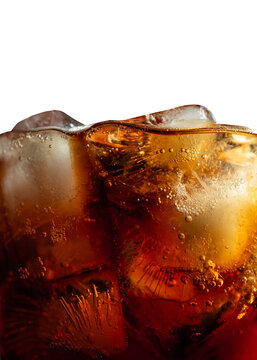 Cola soda texture with floating ice cubes isolated on transparent background carbonated drink png.