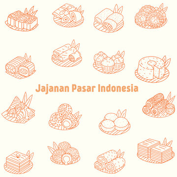 Jajanan Pasar Indonesia Poster with Traditional Snacks Outline Collection, Hand Drawn Orange Line Art of Getuk, Klepon, Lemper, Kue Lapis and More