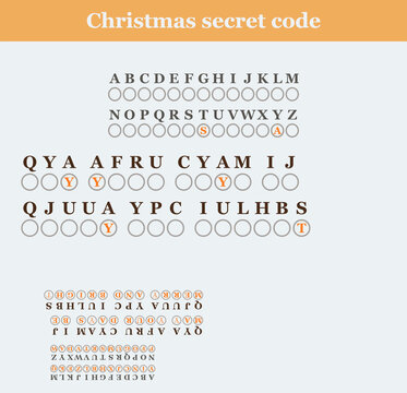 Christmas puzzle secret code educational worksheet for kids, festive holiday activity game with cipher substitution code key for homeschooling and elementary school