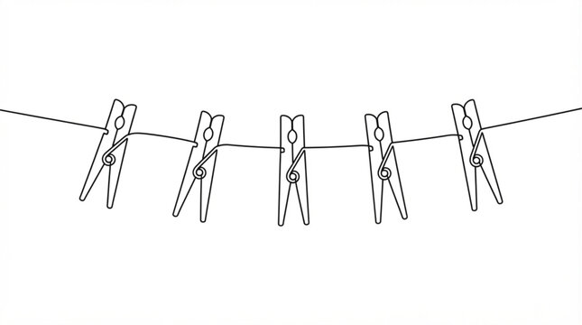 Clothespins on clothesline continuous line art vector illustration with minimalist laundry peg outlines isolated on white background