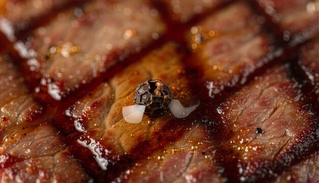 Top-down macro photograph focusing on a single black peppercorn on the glistening grilled surface of a gourmet beef steak with rich textures, shallow depth of field, professional food photography.