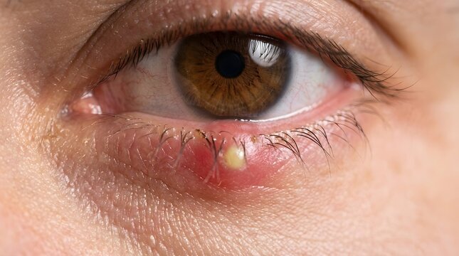 Close-up of human eye with a stye on lower eyelid showing inflammation pus.