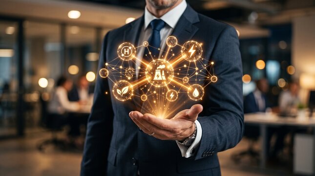 Businessman holding digital energy hologram. Future power grid and smart utility concept.