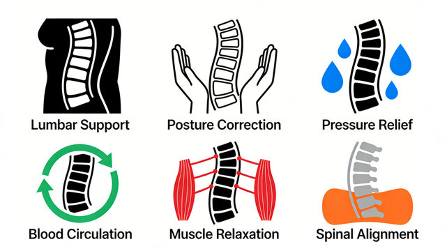 Multi colored lumbar spine repair line medical icons are neatly displayed, representing the concepts of posture correction, lumbar muscle relaxation, and lumbar decompression care.
