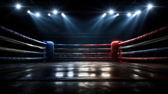 Empty Boxing Ring at Night Under Stadium Lights