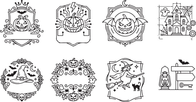 Halloween decorative frames and crests with pumpkin witch haunted house and ghost illustrations.