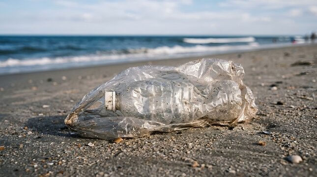 Crushed clear plastic bag containing plastic bottles left on sandy beach.