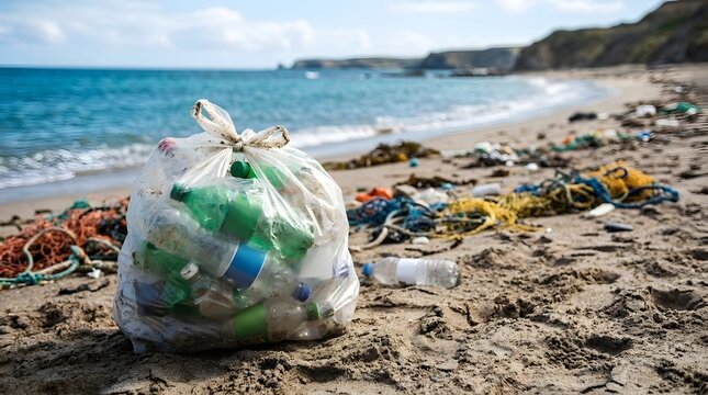 Clear plastic bag full of empty plastic bottles on sandy beach.