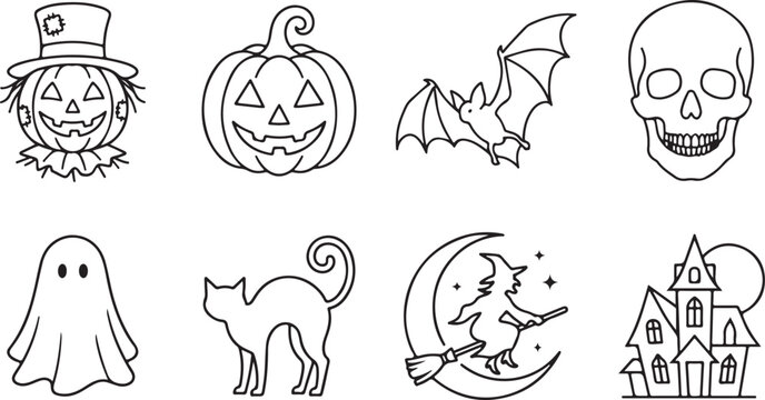 Traditional halloween character illustrations featuring scarecrow pumpkin bat skull and haunted house.