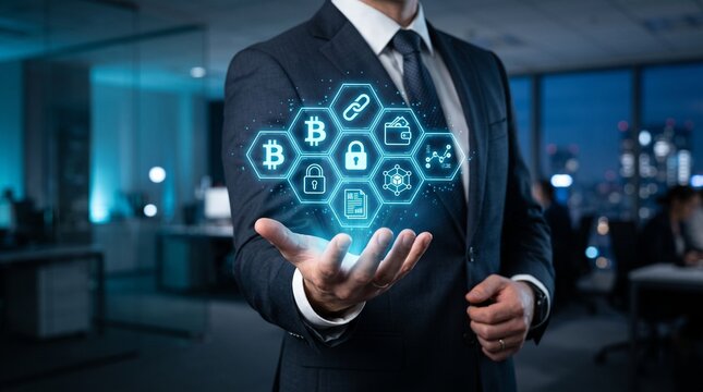 Businessman holding digital crypto hologram. Financial expert using virtual blockchain tech.