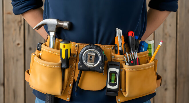 Person wearing brown tool belt with hammer and tools