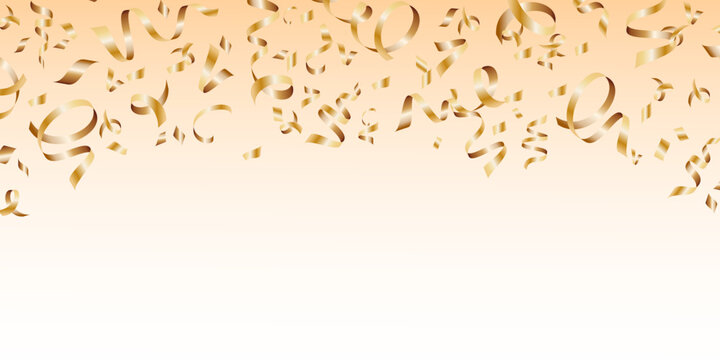 Festive Gold Confetti ribbons poster banner card background for celebration, party. Golden tinsel, fall confetti