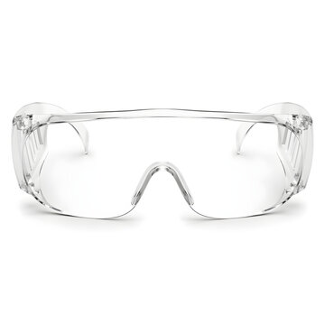 Clear lens industrial safety glasses with side shields isolated on white background, protective eyewear PPE product shot, eye protection for construction and manufacturing safety concept