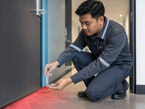 Inspector Checking Fire Door Gap and Seal