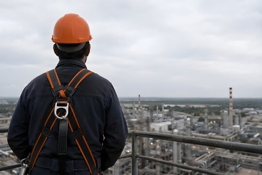Industrial worker wearing full body safety harness viewed from behind standing on elevated platform overlooking industrial facility, working at heights fall protection safety concept