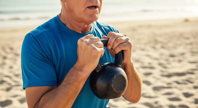 Close up of an active senior man performing a goblet squat exercise with a heavy kettlebell on a sunny sandy beach during his morning workout routine.