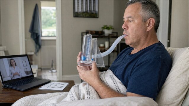 Home rehabilitation scene with incentive spirometer and guided breathing practice, communicating lung recovery, respiratory therapy and medical support.