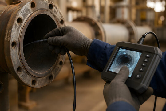 Gloved Industrial Inspector Hands Inserting Flexible Borescope into Large Pipe Flange Opening Handheld Digital Display Showing Pipe Interior During Pipeline NDT Inspection Facility