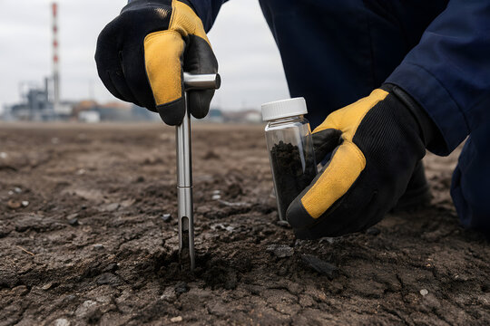 Environmental Field Technician Gloved Hands Inserting Soil Sampling Probe into Dark Contaminated Ground Holding Sample Collection Vial Industrial Brownfield Site Environmental Inspection