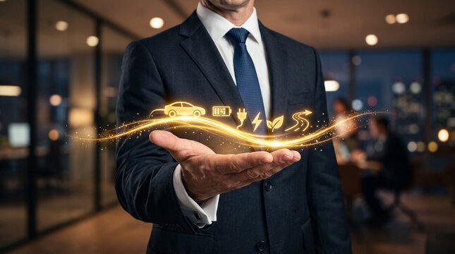 Business professional holding futuristic holographic interface. Executive using digital data projection for innovation and strategy planning.