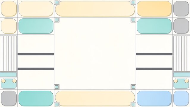Flat design abstract geometric layout featuring pastel yellow blue and grey capsules around a central text box. Great for presentation slide templates and infographic designs.